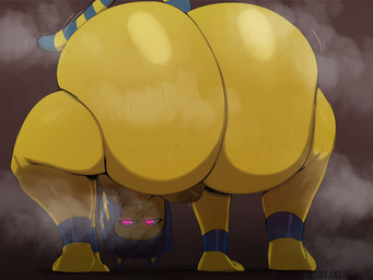 anthro big_butt bob_cut breast_jiggle breasts butt butt_jiggle crouching female frown frowning_at_viewer fur glowing glowing_eyes huge_butt jiggling looking_through looking_through_legs markings motion_lines musk nipples solo striped_markings striped_tail stripes tail tail_markings tail_motion text wide_hips yellow_body yellow_fur thenewhenryart animal_crossing nintendo ankha_(animal_crossing) domestic_cat felid feline felis mammal 4:3 artist_name hi_res