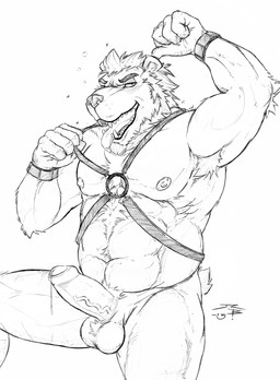 anthro armpit_hair balls body_hair cheek_tuft chest_tuft erection facial_tuft foreskin front_view genitals hair hand_over_head harness humanoid_genitalia humanoid_penis looking_at_viewer male muscular muscular_anthro muscular_male narrowed_eyes neck_tuft nipples nude open_mouth overweight overweight_anthro overweight_male penis pubes short_hair simple_background solo tongue tongue_out tuft crazydrak bear mammal 2013 absurd_res alternate_version_at_source dated hi_res monochrome