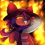 ambiguous_gender anthro clothing coat evil_grin eyebrows fire fire_background grin grinning_at_viewer hair hat headgear headwear holding_object knife long_sleeves looking_at_viewer melee_weapon one_eye_obstructed pupils purple_hair scar slit_pupils smile solo teeth topwear weapon yellow_eyes yellow_sclera servalitas oneshot niko_(oneshot) domestic_cat felid feline felis humanoid mammal 1:1 hi_res