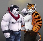 anthro armor bottomwear clothing duo eye_patch eyewear headgear helmet male moobs musclegut muscular nipples pants simple_background slightly_chubby 06junior11 epic_games fortnite oscar_(fortnite) polar_patroller bear felid mammal pantherine polar_bear tiger ursine 2023 hi_res