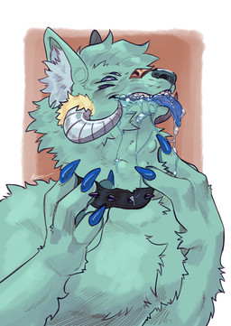 anthro black_collar blue_body blue_claws blue_eyes blue_fur blue_tongue blush blush_lines bodily_fluids cheek_tuft chest_tuft claws collar facial_tuft fluffy fur grin horn inner_ear_fluff male multi_eye neck_bulge predator/prey saliva saliva_string smile solo teeth tongue tongue_out tuft vore xonn canid canine canis mammal wolf absurd_res hi_res