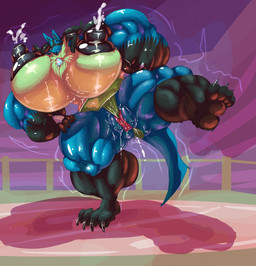 anthro areola big_breasts big_muscles black_body black_fur blue_body blue_fur bodily_fluids bottomwear breasts clothing female fur genital_fluids genitals huge_breasts huge_muscles hyper hyper_breasts hyper_muscles lactating milk muscular muscular_anthro muscular_female nipples solo sumo sumo_ring sumo_wrestler vaginal_fluids vulva bobert nintendo pokemon generation_4_pokemon lucario pokemon_(species) 2015 digital_media_(artwork) hi_res