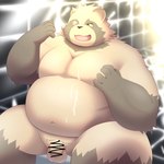 anthro balls belly big_belly brown_body flaccid genitals kemono male moobs navel overweight overweight_male penis sitting solo tai_tanuki canid canine mammal raccoon_dog tanuki 1:1 2024 absurd_res censored hi_res