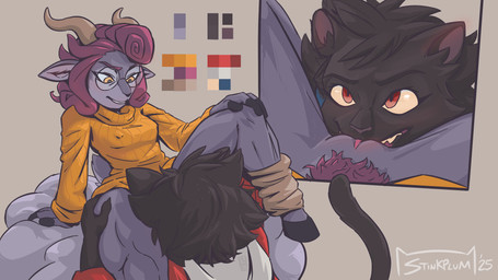 anthro anthro_on_anthro black_body black_fur black_hair clothed clothing cunnilingus duo eyewear female female/female fur genitals glasses grey_background hair horn looking_at_another looking_at_partner looking_down looking_down_at_partner looking_up_at_partner nipple_outline oral orange_clothing orange_sweater orange_topwear pubes red_eyes round_glasses sex simple_background spread_legs spreading sweater topwear vaginal vulva yellow_eyes stinkplum lovers_of_aether rivals_of_aether absa clairen_(rivals_of_aether) bovid caprine felid feline goat mammal pantherine 16:9 hi_res widescreen