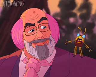 antennae_(anatomy) anthro balding blurred_background bow_tie clothed clothing duo elderly eyewear facial_hair forest glasses green_body hair looking_at_another male multi_limb necktie open_mouth outside paleontologist pink_hair plant scene_interpretation size_difference tree jutyrannus dreamworks puss_in_boots_(franchise) "big"_jack_horner ethical_bug_(puss_in_boots) jack_horner_(paleontologist) arthropod cricket human insect mammal orthopterid alternate_version_at_source hi_res signature