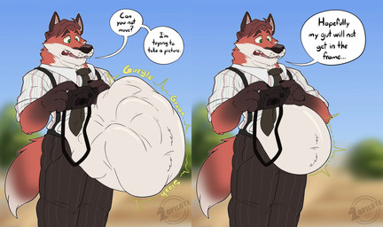 abdominal_bulge accessory anthro belly big_belly biped blurred_background bottomwear brown_hair camera claws clothed clothing dialogue digestion digestion_noises digestion_sequence fatal_vore fingers fur green_eyes hair holding_camera holding_object looking_at_belly looking_at_prey male male_anthro male_pred multicolored_body multicolored_fur navel necktie onomatopoeia oral_vore orange_body orange_fur overhang rumbling_stomach sound_effects speech_bubble suspenders tail talking_to_prey text topwear vore weight_gain white_body white_fur zopilotemenu echo_(series) echo_project the_smoke_room murdoch_byrnes canid canine fox mammal red_fox true_fox 2026 absurd_res colored digital_drawing_(artwork) digital_media_(artwork) english_text hi_res sequence signature watermark