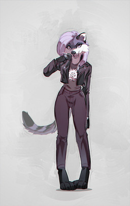 anthro black_clothing black_jacket black_markings black_nose black_topwear bottomwear bracelet clothed clothing cropped_jacket female fur grey_body grey_fur hair jacket jewelry long_hair long_sleeves looking_at_viewer markings open_clothing open_jacket open_mouth open_topwear pants purple_eyes purple_hair shirt simple_background solo standing tail topwear white_markings azzai african_civet civet mammal viverrid 2025 colored digital_drawing_(artwork) digital_media_(artwork) shaded