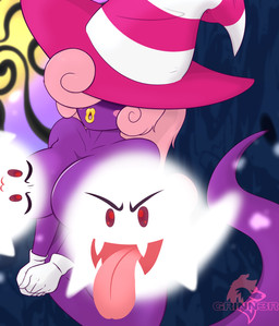 ambiguous_gender big_breasts blush breast_squish breasts cleavage clothed clothing creative_censorship curly_hair fangs female gloves gloves_only group hair handwear handwear_only hat hat_only headgear headgear_only headwear headwear_only legless lips lipstick looking_at_viewer makeup mostly_nude obscured_eyes pink_hair purple_body purple_eyes red_eyes simple_background solo_focus squish teeth text tongue tongue_out trio white_clothing white_gloves white_handwear witch_hat yellow_lips conditional_dnp grinn3r mario_bros nintendo paper_mario vivian_(mario) boo_(mario) ghost humanoid shadow_siren spirit 2023 absurd_res censored digital_media_(artwork) hi_res