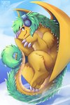 blue_eyes blue_wings electronics feral fur glistening glistening_eyes green_body green_fur headphones looking_at_viewer male membrane_(anatomy) membranous_wings side_view smile solo tail tan_body tan_fur wings yellow_body yellow_fur yellow_wings kuttoyaki mythology sjru dragon furred_dragon furred_scalie mythological_creature mythological_scalie scalie artist_name full-length_portrait hi_res portrait