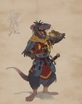 anthro armor bottomless clothed clothing fur grey_body grey_fur male melee_weapon solo sword tail weapon sneakygnida mammal murid murine rat rodent absurd_res hi_res