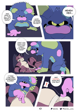 anthro bed black_stripes bulge climbing_on clothed clothing dialogue duo exclamation_point footwear fur furniture jockstrap jockstrap_only male male/male orange_body orange_fur partially_clothed partially_clothed_anthro partially_clothed_male purple_nose socks speech_bubble stripes text topless touching_bulge underwear underwear_only ventesthefloof barry_(ventesthefloof) animate_inanimate felid mammal monster pantherine tiger absurd_res comic english_text hi_res multiple_scenes