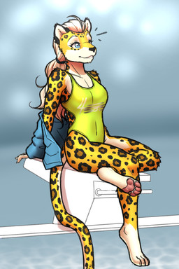 4_toes 5_fingers anthro backless_swimsuit barefoot black_nose blonde_hair breasts clothed clothing feet female fingers fur hair highleg hindpaw humanoid_hands jacket markings multicolored_body multicolored_fur navel_outline one-piece_swimsuit open_clothing open_jacket open_topwear pawpads paws sitting slim smile solo sport_swimsuit spots spotted_body spotted_fur swimming_pool swimwear toes topwear two_tone_body two_tone_fur undressing white_body white_fur yellow_body yellow_fur mykegreywolf felid leopard mammal pantherine 2023 2:3 absurd_res hi_res
