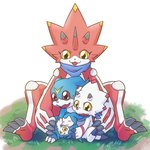 anthro blue_body claws evolutionary_family group horn red_body red_eyes scarf white_body yellow_eyes sansyonoki64 bandai_namco digimon digimon_ghost_game betelgammamon demiveemon digimon_(species) gammamon scalie veemon 1:1