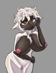 anthro arm_over_breasts big_breasts big_clitoris breasts brown_eyes clitoris female genitals hair hand_on_cheek hand_on_hip monotone_background nipples simple_background slim small_hips solo white_hair ruby(artist) ali_sharp bovid caprine mammal sheep absurd_res hi_res