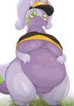 2_toes 3_fingers anthro belly big_belly big_breasts black_clothing black_hat black_headwear black_topwear black_tube_top blush bodily_fluids bottomless bottomless_anthro bottomless_female breasts clothed clothing feet female fingers front_view genitals glistening glistening_belly glistening_body glistening_breasts glistening_eyes glistening_skin glistening_thighs grass grass_field green_eyes green_markings green_pupils grey_body grey_skin hat headgear headwear huge_belly huge_breasts huge_thighs markings mostly_nude multicolored_body nude overweight overweight_anthro overweight_female plant plump_labia pokemorph pose pupils purple_body purple_skin simple_background smile solo standing tail tendrils thick_tail thick_thighs toes topwear tube_top under_boob vulva white_background white_sclera wide_hips type nintendo pokemon generation_6_pokemon goodra mammal pokemon_(species) absurd_res colored digital_drawing_(artwork) digital_media_(artwork) hi_res pinup shaded