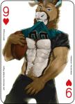 2018 abs american_football anthro antlers ball card card_template clothed clothing copyright_symbol deer digital_media_(artwork) english_text fonyaa fur gridiron_ball hearts_(suit) holding_object horn looking_at_viewer male mammal muscular muscular_anthro muscular_male new_world_deer nine_of_hearts pecs playing_card playing_card_template reindeer shirt simple_background smile solo sport standing symbol teeth text topwear toru_(torucaribou)