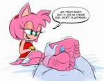 5_toes amy_rose anthro bodily_fluids butt clothing deepcreases dialogue english_text eulipotyphlan feet female foot_fetish foot_play footjob fur genital_fluids genitals hedgehog hi_res mammal open_mouth panties penis pink_body pink_fur precum sega sex small_penis sonic_the_hedgehog_(series) speech_bubble text toes underwear white_clothing white_panties white_underwear