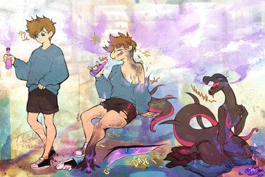 biped bipedal_feral black_body black_bottomwear black_clothing black_footwear black_scales black_shoes black_shorts blonde_hair blue_clothing blue_eyes blue_shirt blue_topwear bottomwear breast_expansion breasts chair clothing expansion featureless_breasts female feral footwear furniture gender_transformation growth hair hairless human_to_feral inside male mtf_transformation on_chair open_mouth oversized_clothing pink_body pink_scales pokemon_transformation purple_body purple_eyes purple_scales scales shirt shoes shorts sitting sitting_on_chair smoke_transformation snout snout_growth solo species_transformation tail tail_growth thigh_expansion three_frame_sequence topwear torn_clothing transformation transformation_sequence thwillartz nintendo pokemon fan_character generation_7_pokemon human mammal pokemon_(species) salazzle hi_res sequence