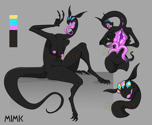 black_body chest_mouth female hypnotic_eyes long_tongue looking_at_viewer multi_eye solo tentacles text tongue adelfrey mimic_(adelfrey) goo_creature mimic character_name hi_res model_sheet
