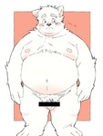 anthro balls belly big_belly blush flaccid genitals kemono male moobs navel nipples overweight overweight_male penis solo inunoshippo canid canine canis domestic_dog mammal 2024 3:4 censored hi_res