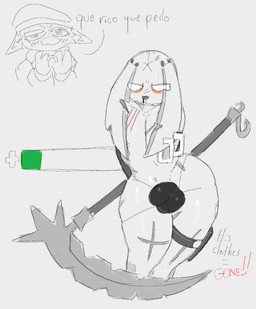 anthro armwear balls blood bodily_fluids bulge clothing female genitals glistening glistening_body looking_at_viewer male melee_weapon nosebleed polearm scythe solo standing text thick_thighs thong underwear weapon wide_hips ongongio epic_games fortnite meow_skulls nitehare_(fortnite) domestic_cat felid feline felis hare lagomorph leporid mammal rabbit spanish_text