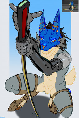 anthro armor black_hair blue_body blue_fur crouching cybernetic_arm cybernetic_limb cybernetics featureless_crotch fur grey_body grey_fur hair holding_object holding_weapon hooves horn limb machine male mask melee_weapon simple_background solo sword tan_body weapon milajanh starbound bovid canid canine canis caprine cyborg deer goat hybrid mammal wolf 2025 digital_media_(artwork) hi_res