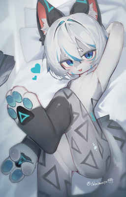 4_fingers 4_toes ambiguous_anthro ambiguous_gender anthro bed blep blush featureless_chest featureless_crotch feet fingers foot_focus fur furniture gesture hair hand_gesture heart_symbol kemono looking_at_viewer lying multicolored_body multicolored_fur nude on_back on_bed one_leg_up pawpads paws pillow raised_leg short_hair solo tail toes tongue tongue_out triangle_(shape) v_sign young young_ambiguous young_anthro chimimoryo domestic_cat felid feline felis mammal pantherine snow_leopard 2026 absurd_res digital_media_(artwork) hi_res
