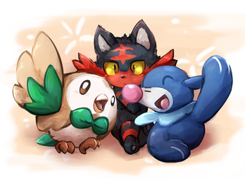 ambiguous_gender beak feral group open_mouth starter_trio stripes trio yellow_eyes waddledox nintendo pokemon aquatic avian bird felid generation_7_pokemon litten mammal pinniped pokemon_(species) popplio rowlet 2016