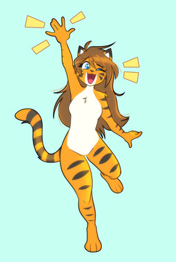 5_fingers anthro blue_eyes breasts brown_hair featureless_breasts featureless_crotch female fingers front_view gesture green_background hair nude on_one_leg open_mouth simple_background smile solo standing tail waving la-frugele felid mammal pantherine tiger absurd_res digital_media_(artwork) hi_res