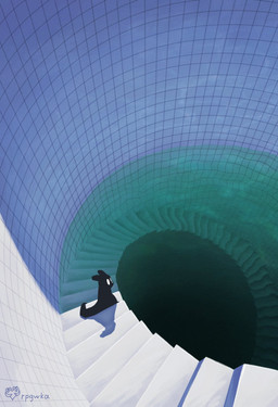 ambiguous_feral ambiguous_gender black_body empty_eyes feral high-angle_view liminal_spaces solo stairs tile tile_wall wall_(structure) water lilint poolrooms rain_world videocult watcher_(rain_world) slugcat 2024 absurd_res hi_res signature