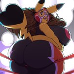 anthro big_breasts big_butt breasts brown_hair butt clothed clothing cosplay_pikachu_(costume) female hair huge_breasts huge_butt looking_back lucha_libre_mask mask obese obese_anthro obese_female overweight overweight_anthro overweight_female smile solo sports_mask sportswear thick_thighs wrestling_mask yellow_body garuda_six nintendo pokemon pikachu_libre generation_1_pokemon pikachu pokemon_(species) 1:1 hi_res