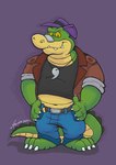 2024 alligator alligatorid anthro belt bottomwear brok_(brok_the_investigator) brok_the_investigator claws clothing cowcat_games crocodilian green_body green_scales hat headgear headwear hi_res jewelry krunchycroc male pants pendant purple_clothing purple_hat purple_headwear reptile scales scalie shirt simple_background slightly_chubby solo topwear white_claws