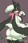 anthro black_body black_claws black_fur breast_curtains breasts brown_background butt claws eyelashes female fur green_body green_fur looking_at_viewer looking_back mask medium_breasts paws pink_eyes pink_nose pupils short_tail simple_background slit_pupils smile solo standing tail thick_thighs aternight nintendo pokemon generation_9_pokemon meowscarada pokemon_(species) hi_res