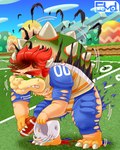 2022 american_football_uniform back_spikes ball big_teeth bowser chargin'_chuck clothing edmol football_field football_helmet football_jersey football_player gridiron_ball hi_res horn koopa male mario_bros nintendo scalie shell spikes spikes_(anatomy) torn_clothing transformation turtle_shell