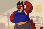 anthro athletic_wear belly belly_peeking_out bodily_fluids clothed clothing confident exposed_belly flexing gym hair horn looking_at_viewer male moobs open_mouth overweight overweight_anthro overweight_male simple_background slightly_chubby slightly_chubby_male smile solo tail weights lettucelechuga mythology javi_(lettucelechuga) dragon mythological_creature mythological_scalie scalie 3:2 hi_res