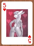 anthro blue_eyes butt card card_template female five_of_hearts genitals grey_body hair hand_on_butt heart_pattern hearts_(suit) long_hair looking_at_viewer looking_back muscular muscular_female nipples playing_card playing_card_template presenting presenting_hindquarters pussy rear_view smile smiling_at_viewer solo white_hair brian_mcpherson cynthia_(brian_mcpherson) lagomorph leporid mammal rabbit 2021