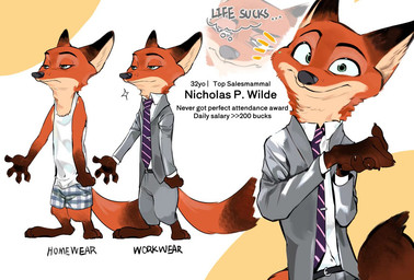 3_toes 4_fingers accessory anthro bottomwear brown_body brown_fur clothed clothing collared_shirt dialogue dress_shirt feet fingers fur green_eyes looking_at_viewer male multicolored_body multicolored_fur narrowed_eyes necktie orange_body orange_fur orange_tail pants pawpads shirt solo suit_jacket tail tan_body tan_fur tank_top text toes topwear two_tone_tail butterfish8199 disney zootopia nick_wilde canid canine fox mammal english_text