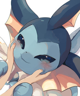 ambiguous_gender blue_body blue_eyes blush blush_lines caressing_face duo feral narrowed_eyes paws simple_background floameya nintendo pokemon eeveelution generation_1_pokemon human mammal pokemon_(species) vaporeon 2025 hi_res