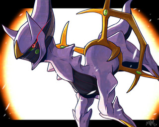 ambiguous_gender black_body feral green_sclera orange_body particles purple_body red_eyes solo sun tail swampjaws nintendo pokemon arceus generation_4_pokemon legendary_pokemon pokemon_(species) hi_res signature