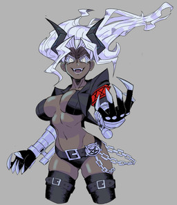 armband belt black_horn breasts brown_body brown_skin chain clothing coat eyebrows fangs female grey_background hair horn legwear long_hair looking_at_viewer metal_claws navel not_furry occult_symbol open_mouth pentagram simple_background solo standing symbol teeth thigh_highs topwear white_eyebrows white_eyes white_hair chef_(artist) helltaker judgement_(helltaker) demon demon_humanoid humanoid absurd_res hi_res