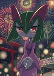 asian_clothing blush clothing east_asian_clothing female fireworks green_hair hair japanese_clothing kimono looking_at_viewer night red_eyes slim_female smile smiling_at_viewer solo torii white_body ino nintendo pokemon generation_3_pokemon humanoid kirlia pokemon_(species) 2020 hi_res