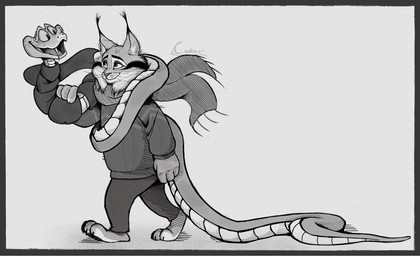 anthro clothing duo feral hug male scarf simple_background smile sweater topwear cookiee_003 disney zootopia gary_de'snake pawbert_lynxley canada_lynx felid feline lynx mammal pit_viper reptile scalie snake viper hi_res monochrome