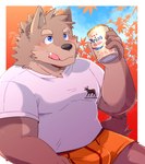 alcohol anthro autumn beer beverage black_nose blue_eyes brown_body brown_fur bulge can clothing container fur kemono leaf male outside shirt sitting solo tongue tongue_out topwear underwear green_bell canid canine canis domestic_dog mammal 2023 absurd_res hi_res