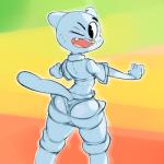 1:1 anthro blue_body blue_fur bottomwear bottomwear_down butt cartoon_network clothed clothing domestic_cat felid feline felis female fur looking_back low_res mammal mature_anthro mature_female nicole_watterson one_eye_closed open_mouth panties pants pants_down partially_clothed rainbow_background rear_view simple_background solo stickypad the_amazing_world_of_gumball underwear wide_hips wink