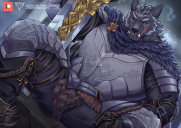 anthro armor barazoku biped boots breastplate cloak clothing facial_scar fangs footwear fur greatsword greaves grey_body grey_fur male melee_weapon pauldron purple_eyes scar shoes sitting solo spread_legs spreading sword teeth weapon estper elden_ring fromsoftware blaidd_(elden_ring) canid canine canis mammal wolf 2022 absurd_res digital_media_(artwork) hi_res