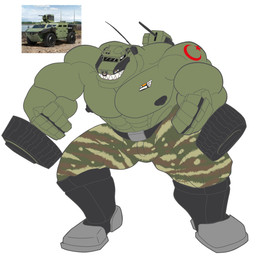 boots bulge camo camo_print car clothing footwear machine male military_vehicle muscular nipples pecs shoes solo turkish_flag vehicle giganaut humanoid hi_res