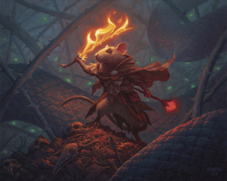 ambiguous_gender anthro biped bone cape clothing duo fire fur grey_body grey_fur holding_melee_weapon holding_object holding_staff holding_sword holding_weapon leaf_clothing melee_weapon plant pouch_(clothing) skull staff standing sword tail thorns vines weapon chris_rahn hasbro magic:_the_gathering wizards_of_the_coast mammal mouse murid murine reptile rodent scalie snake 2023 hi_res official_art traditional_media_(artwork)