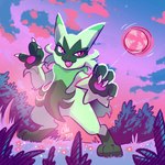 ambiguous_gender anthro claws cloud digitigrade forest grass open_mouth outside pawpads paws pink_grass plant sky solo star teeth tree yo-yo the-chu nintendo pokemon floragato generation_9_pokemon pokemon_(species) 1:1