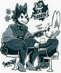 anthro biped boop clothed clothing collar duo footwear fully_clothed furniture high_heels jacket male male/male nose_boop open_clothing open_topwear pear-shaped_figure shoes sitting size_difference stool studded_collar studs suit table text thick_thighs topwear wide_hips parasitedeath rabbit_(parasitedeath) wolf_(parasitedeath) canid canine canis lagomorph leporid mammal rabbit wolf 2022 hi_res marker_(artwork) spanish_text traditional_media_(artwork) translated