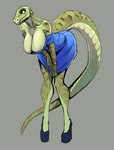 anthro big_breasts blue_clothing blue_dress breasts cleavage clothed clothing countershading dress female footwear green_body green_scales grey_background high_heels non-mammal_breasts scales shoes simple_background solo tail yellow_eyes ghost_oakes lizard reptile scalie skink solomon_islands_skink hi_res